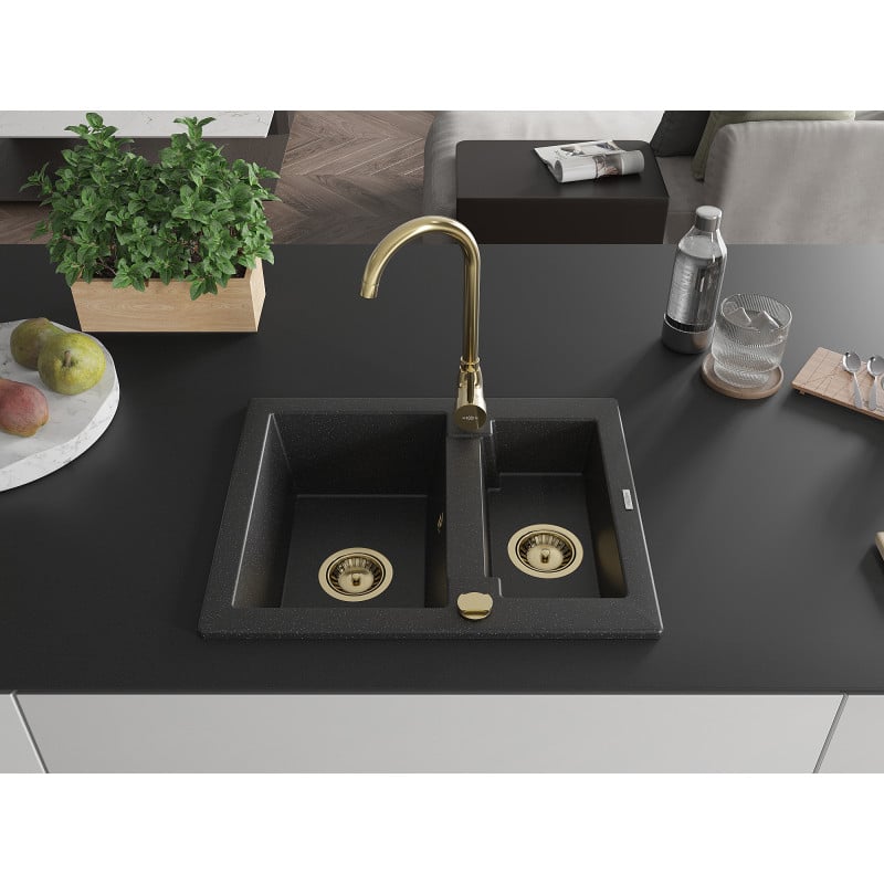 Mexen Carlos évier en granit 1,5 bac 582 x 475 mm, noir/argent métallisé, siphon doré - 6518581500-73-G