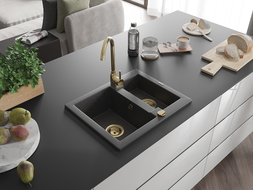 Mexen Carlos évier en granit à 1,5 cuve 582 x 475 mm, Noir moucheté, siphon Or - 6518581500-76-G