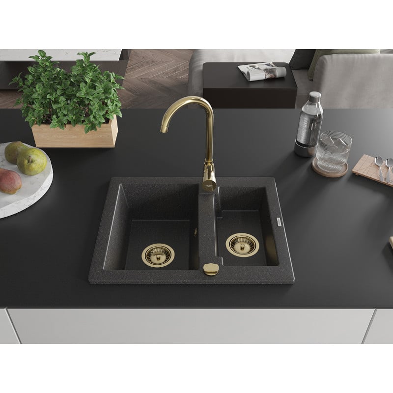 Mexen Carlos évier en granit 1,5 bac 582 x 475 mm, noir moucheté, siphon doré - 6518581500-76-G
