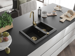 Mexen Carlos évier en granit 1,5 bac 582 x 475 mm, noir, siphon doré - 6518581500-77-G