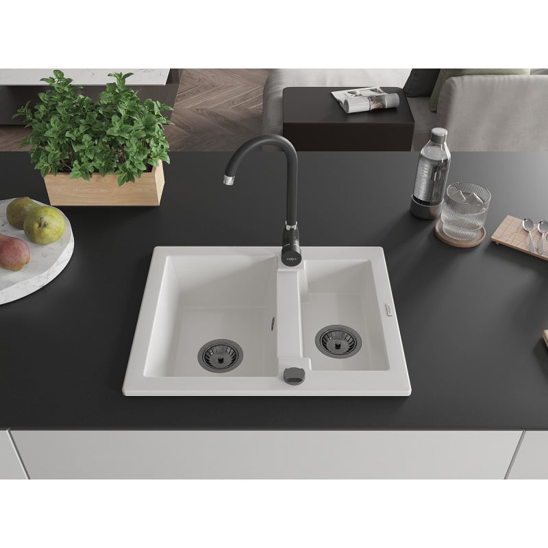 Mexen Carlos évier en granit 1,5 bac 582 x 475 mm, blanc, siphon noir - 6518581500-20-B