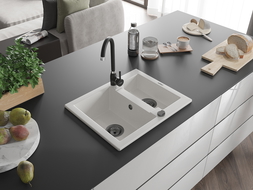 Mexen Carlos évier en granit à 1,5 cuve 582 x 475 mm, Blanc, siphon Noir - 6518581500-20-B