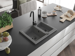 Mexen Carlos évier en granit 1,5 bac 582 x 475 mm, gris, siphon noir - 6518581500-71-B