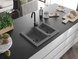 Mexen Carlos évier en granit à 1,5 cuve 582 x 475 mm, Gris, siphon Noir - 6518581500-71-B