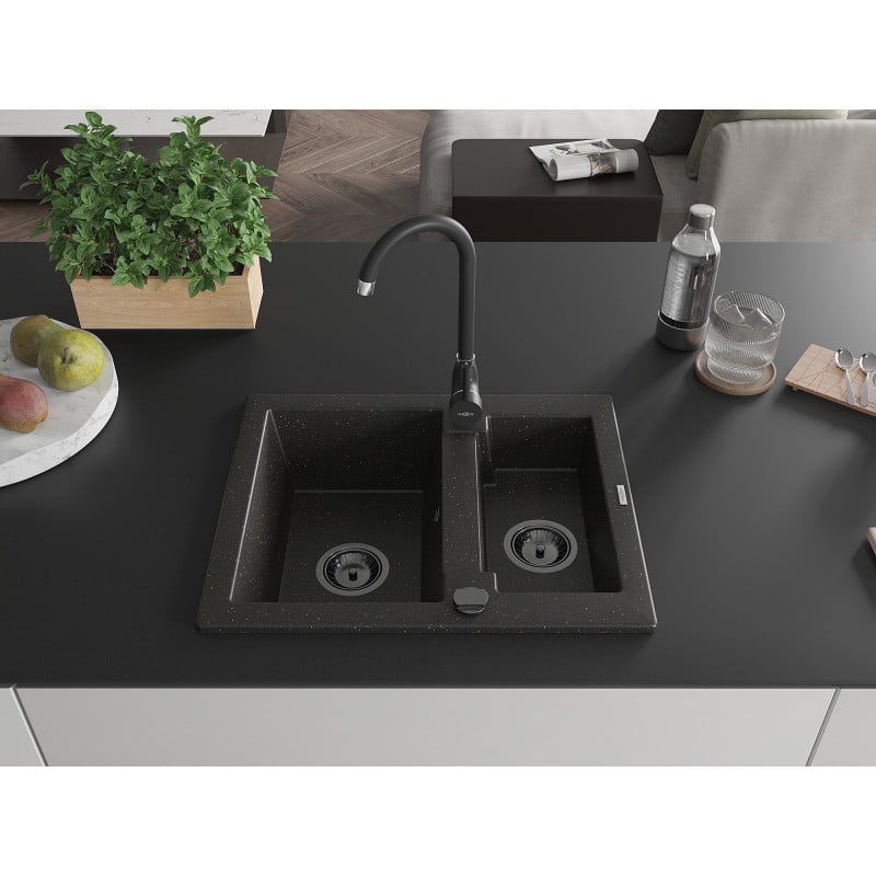 Mexen Carlos évier en granit 1,5 bac 582 x 475 mm, noir/doré métallique, siphon noir - 6518581500-75-B