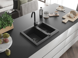 Mexen Carlos évier en granit à 1,5 bac 582 x 475 mm, noir moucheté, siphon noir - 6518581500-76-B