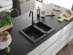 Mexen Carlos évier en granit à 1,5 cuve 582 x 475 mm, Noir, siphon Noir - 6518581500-77-B