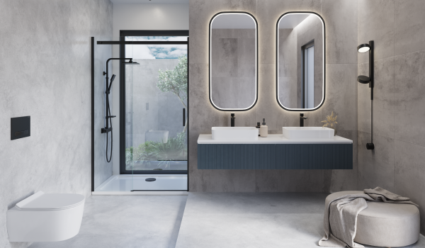 Salle de bains moderne avec deux vasques à poser