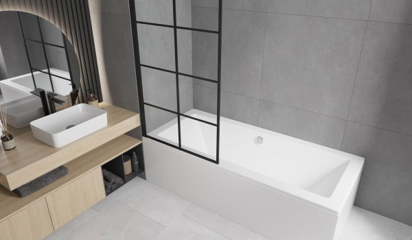Baignoire rectangulaire avec paravent dans un style minimaliste
