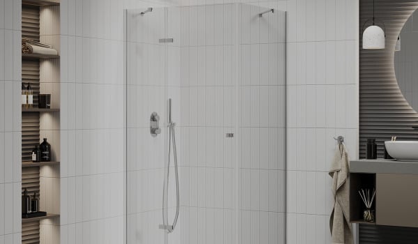Salle de bain confortable : combinaison de murs beiges avec cabine de douche