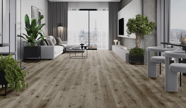 Salon moderne avec un sol imitant le bois